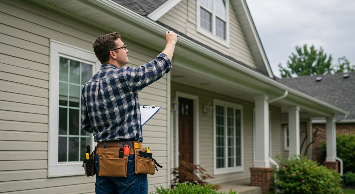 Home inspector examining the roofline and gutters of a house with a clipboard in hand