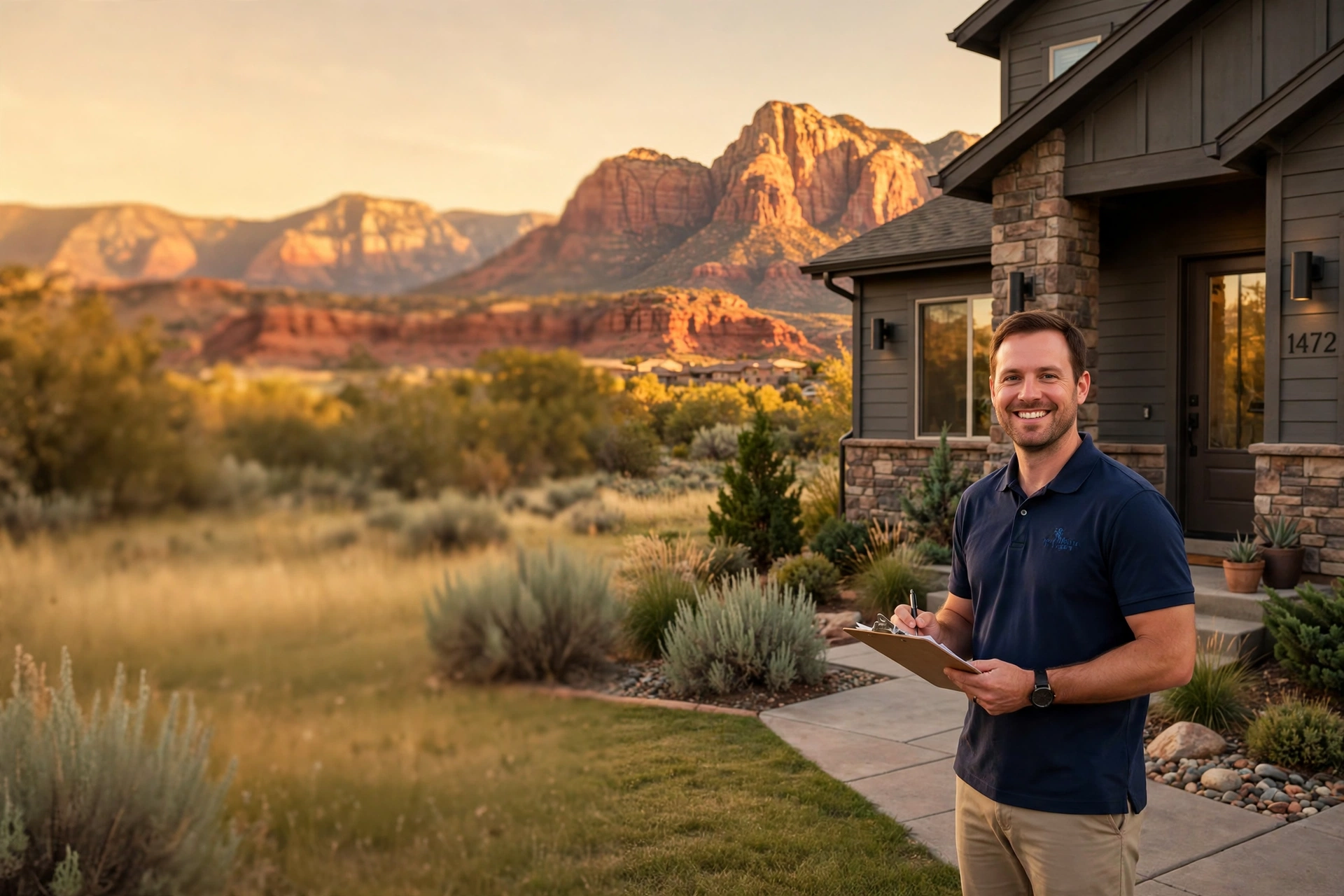 A home inspector with a clipboard standing in front of a Utah home at golden hour, red rock mountains behind him